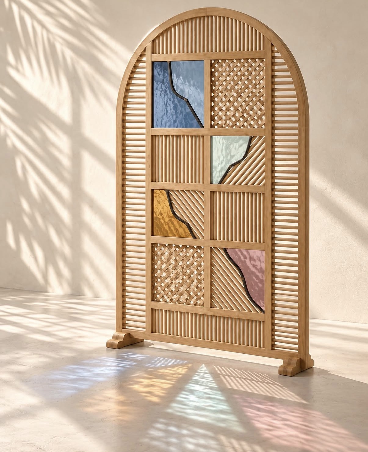 Arched palm-reed screen with coloured glass